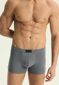 Szare bokserki wykonane z gładkiego materiału, z elastycznym paskiem w talii z metką logo, dopasowany krój i bez widocznych wzorów.