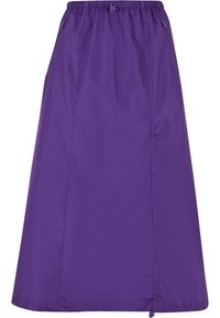 Lilla, knelang skjørt laget av lett stoff med elastisk midjebånd og sidelommer, med rett snitt og minimal design.