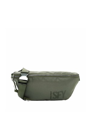 Olive green textured fabric waist bag with zipper closure, adjustable strap, metal buckle, and subtle embossed logo on front.