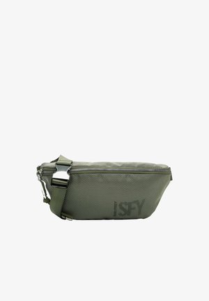 Olive green textured fabric waist bag with zipper closure, adjustable strap, metal buckle, and subtle embossed logo on front.