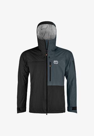 Water-resistant jacket featuring a black body and a contrasting dark gray upper section, with a detachable hood and zippered pockets.