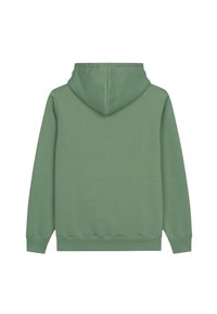 Sudadera verde con una textura suave, de mangas largas y una capucha grande. Presenta un corte relajado con puños y dobladillo acanalados.