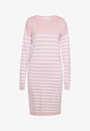 Ilgais rankovės suknelė šviesiai rožinės spalvos su baltomis horizontaliomis juostelėmis, pagaminta iš minkštos medžiagos, su apykakle ir tiesiu siluetu.