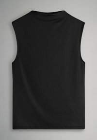 Black sleeveless top made of smooth fabric, featuring a crew neckline and no visible design elements or accents. Back view shown.