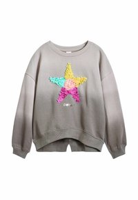Grauer Sweatshirt mit einem cropped Design, das eine mehrfarbige, strukturierte Sternapplikation in Pink, Gelb, Grün und Blau sowie ein Logodetail aufweist.