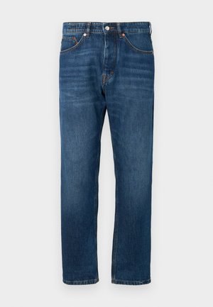 Blue denim jeans with a straight leg cut, mid-rise waist, and orange stitching accents. Features classic five-pocket design and button closure.