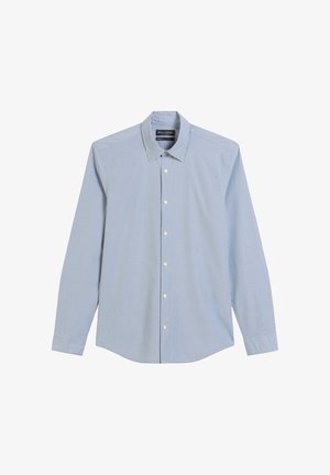 Lichtblauw gestreept overhemd met lange mouwen, met een klassieke kraag, witte knopen en een rechte zoom met een iets getailleerd ontwerp.