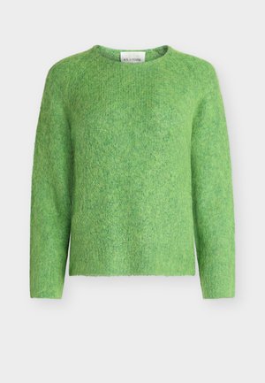 Gaiši zaļš mīksts adīts džemperis ar garām piedurknēm un apaļu kakla izgriezumu, redzams uz balta fona.