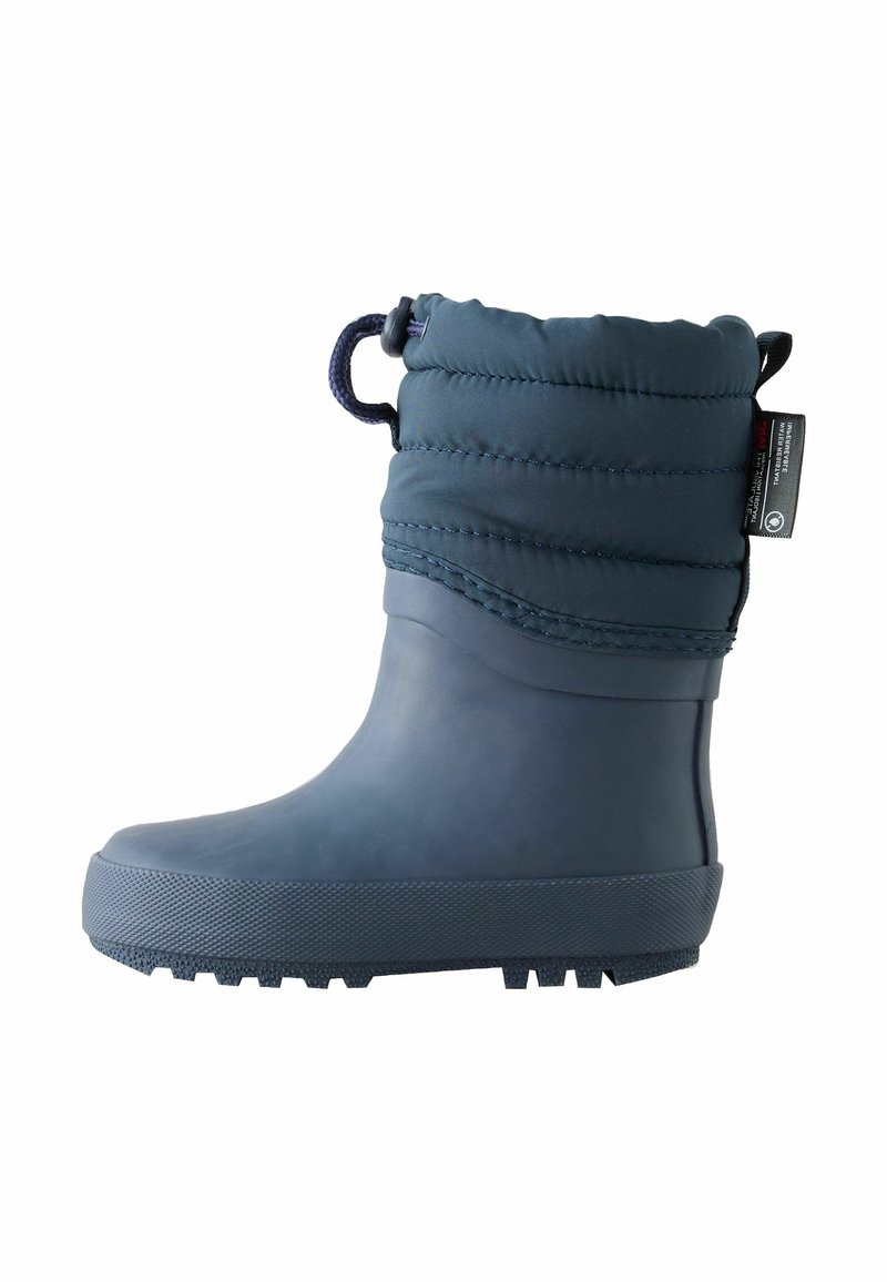 Botte d'hiver imperméable bleu marine avec semelle texturée, manchette rembourrée, cordon ajustable et languette de traction au talon.