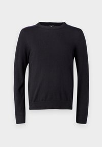 Black knitted sweater with a crew neck and long sleeves. Features colorful stripes along the shoulders. Soft texture, fitted design.