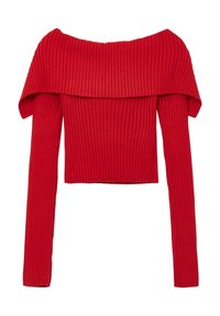 Top corto a righe rosso con design scoperto sulle spalle e maniche lunghe. La texture è morbida, con righe orizzontali uniformi.