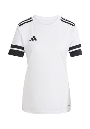 Cămașă sportivă albă cu accente negre, prezentând trei dungi negre pe umeri și mâneci cu manșete negre. Fabricată din material respirabil.