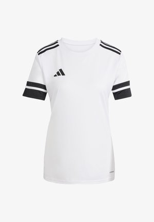 Camiseta deportiva blanca con acentos negros, que presenta tres franjas negras en los hombros y mangas con puños negros. Fabricada en tejido transpirable.