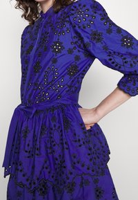 Robe bleu royal avec broderie florale noire, manches bouffantes, taille cintrée et jupe fluide. Détails avec ourlet festonné et accent à nouer.