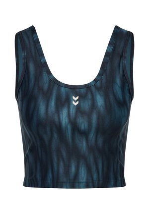 Kvindes mørkeblå og sorte tie-dye crop top med rund halsudskæring og lille hvidt dobbelt-chevron logo centreret på brystet.