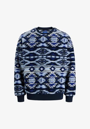 Felpa in pile con un design a motivi blu e navy. Presenta un colletto rotondo e finiture a costine su polsini e orlo. Tessuto morbido e strutturato.