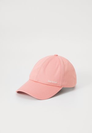 Pink baseball cap made of fabric, featuring six panels, a curved brim, and a small embroidered logo on the front.