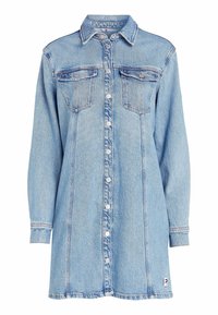 Light blue denim shirt dress with long sleeves, button front, two chest pockets, and a slightly loose fit. Classic stitching detail throughout.