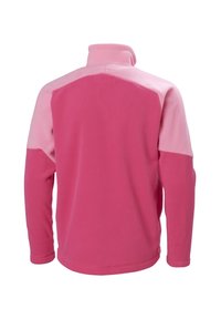 Futrzana kurtka w dwóch odcieniach różu; posiada wysoki kołnierz i długie rękawy; gładka faktura; design w stylu kolor-block na ramionach.