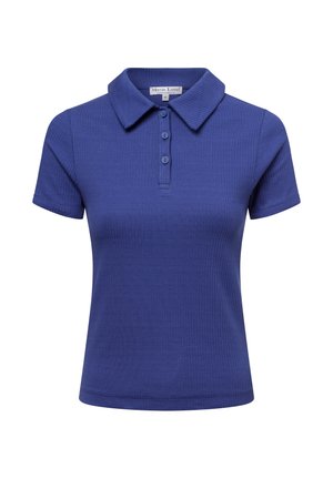 Kurzärmliges, geripptes Poloshirt in Dunkelblau mit Kragen, Knopfleiste mit drei Knöpfen und einer taillierten Passform für einen eleganten Look.