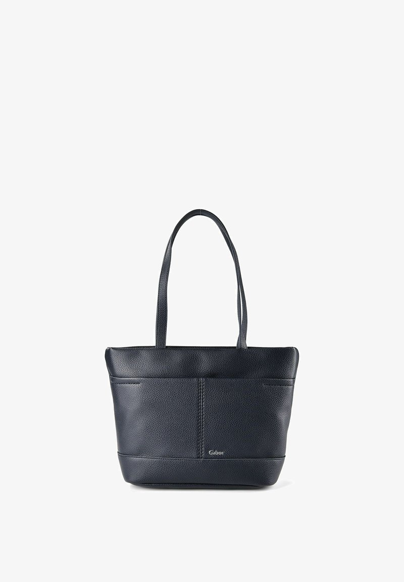 Bolso tote de cuero negro con textura, que cuenta con dos asas para el hombro y un pequeño logotipo metálico "Gabor" en el centro frontal.
