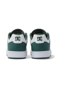 Green and white low-top sneakers with a smooth leather upper, padded collar, and prominent logo detail on the heel. White rubber sole.