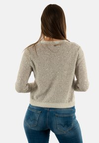 Maglione grigio chiaro con fili metallici, colletto rotondo, maniche lunghe e orlo a coste. Indossato con jeans blu che evidenziano il design della tasca posteriore.