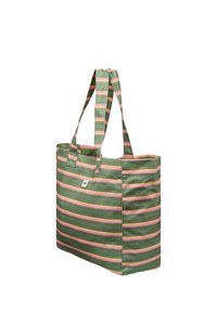 Zielona torba materiałowa z różowo-żółtymi poziomymi paskami i dwoma paskami na ramię.