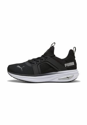 Black Puma athletic shoe with white sole, mesh upper, side lace support, and Puma logo on toe and heel.