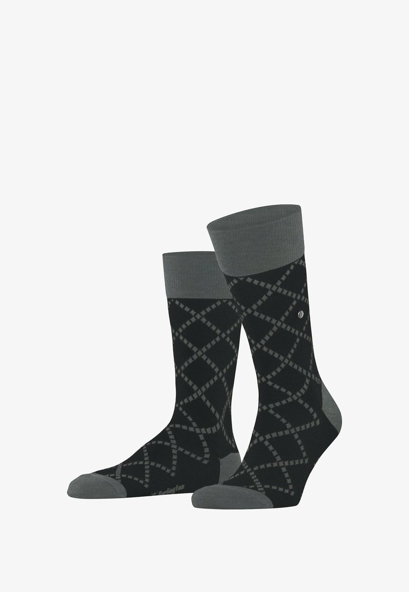 Schwarze Socken mit einem Rautenmuster in Grau. Das Design enthält einen kontrastierenden grauen Bund und strukturierte Akzente an den Zehen und Fersen.
