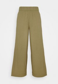 Pantalon large couleur vert olive avec une texture côtelée et une taille élastique, présentant des ourlets droits et fluides pour une coupe ample.