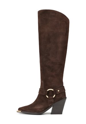 Brown suede knee-high boot with a pointed toe, a gold accent buckle on a strap, and a chunky heel. Smooth texture and fitted design.