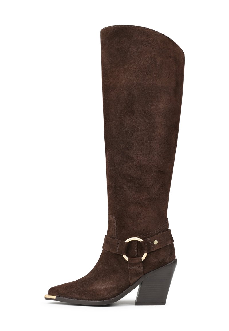 Brown suede knee-high boot with a pointed toe, a gold accent buckle on a strap, and a chunky heel. Smooth texture and fitted design.