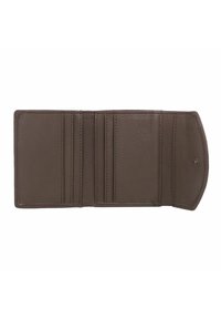 Brown leather wallet interior with multiple card slots, smooth texture, and a rounded edge; features a small metallic detail.
