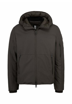 Donkerbruine gewatteerde winterjas met capuchon, volledige ritssluiting aan de voorkant, twee ritssluitingszakken aan de zijkanten en een ritssluitingszak op de linker mouw.