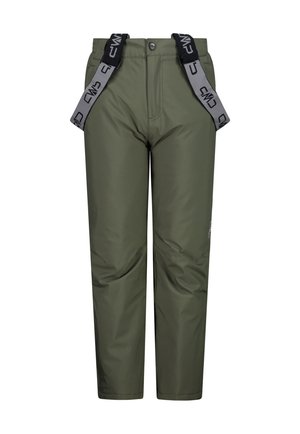 Gröna vattentäta byxor med justerbara grå hängslen, knappstängning och en slät yta. Har logotypaccent på benet.