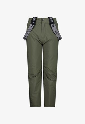 Grønne vandtætte bukser med justerbare grå seler, en knaplukning og en glat tekstur. Har logoaccent på benet.