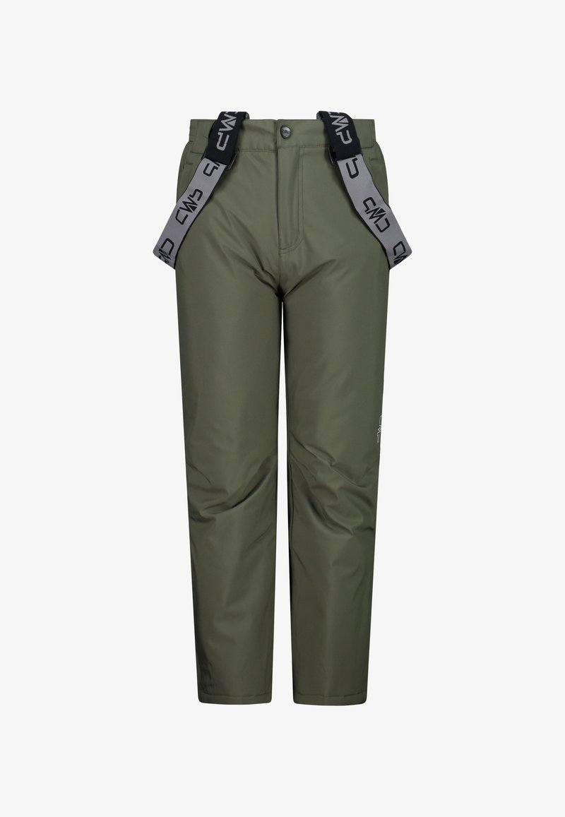 Gröna vattentäta byxor med justerbara grå hängslen, knappstängning och en slät yta. Har logotypaccent på benet.