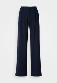 Marineblaue weite Hosen aus glattem Stoff, mit einem Frontknopfverschluss und gepufften Details, in einer taillierten Silhouette.