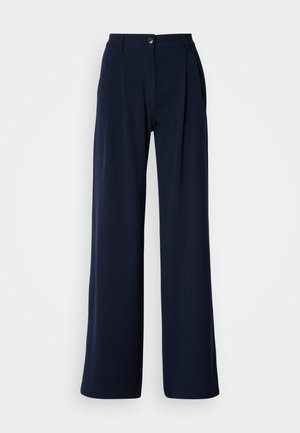 Marineblauwe wijde broek van gladde stof, met een sluiting met een knoop aan de voorkant en geplisseerde details, met een getailleerde silhouette.