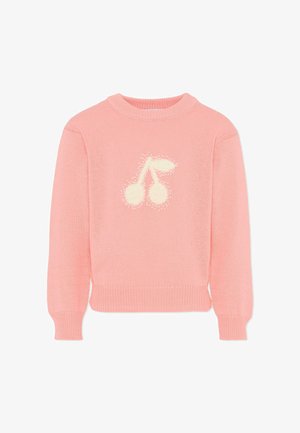 Roze gebreide trui met een tonale kersenkleurige print in crème. Geribbelde manchetten en tailleband geven vorm en textuur. Ronde halslijn.