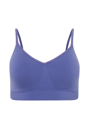 Draadloze bralette in een effen lavendelkleur, met verstelbare bandjes, een gladde textuur en een driehoekige cupvorm zonder padding.