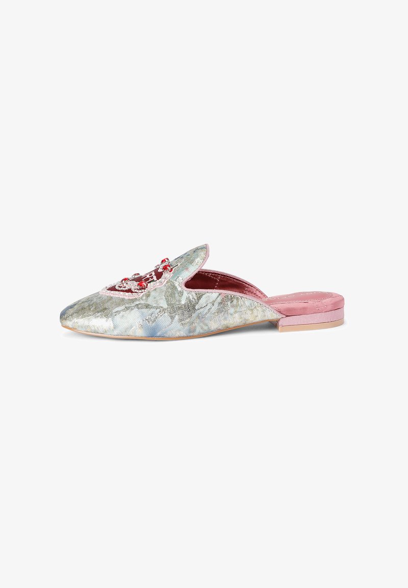 Flat slip-on shoe with a textured blue and silver fabric, featuring a pink interior and adorned with red and white decorative details.