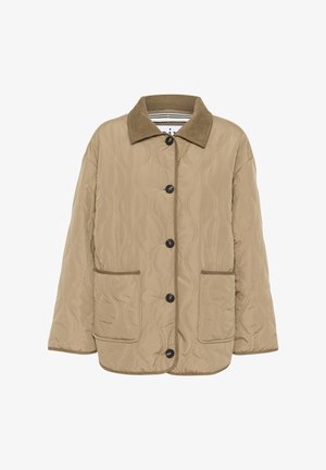 Beige gesteppte Jacke mit Kragen, vorderer Knopfverschluss und zwei vorderen Taschen. Mit wellenförmigem Steppdesign und kontrastierenden Baumsäumen entlang der Kanten.