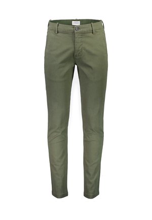 Vihreät chino-housut, jotka on valmistettu puuvillasta. Slim fit -muotoilu, napitus, vyölenkit ja kaksi etutaskua. Tasainen pinta ja ryppyämätön kangas.