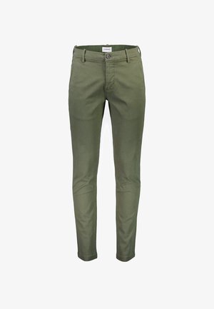Chinos verde olivo de algodón. Diseño de corte ajustado con cierre de botón, pasadores para cinturón y dos bolsillos frontales. Textura suave y tela sin arrugas.