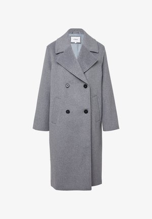 Cappotto in misto lana grigio con fronte doppiopetto, bottoni neri, grandi revers e tasche laterali. Presenta una fodera interna a righe.
