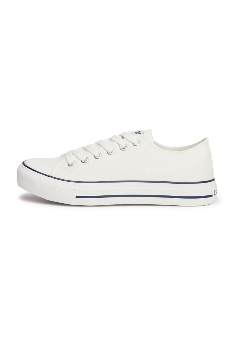 Zapatilla de lona blanca con punta redondeada, cordones en la parte frontal y ribete azul a lo largo de la suela. Diseño minimalista con un perfil bajo.