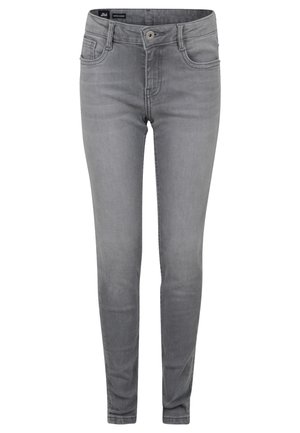 Grå denim skinny jeans med lynlås foran, knaplukning og to baglommer. Glat tekstur med minimale falmede detaljer.