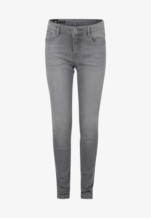 Jeans skinny in denim grigio con zip frontale, chiusura a bottoni e due tasche posteriori. Texture liscia con dettagli di sbiadimento minimi.